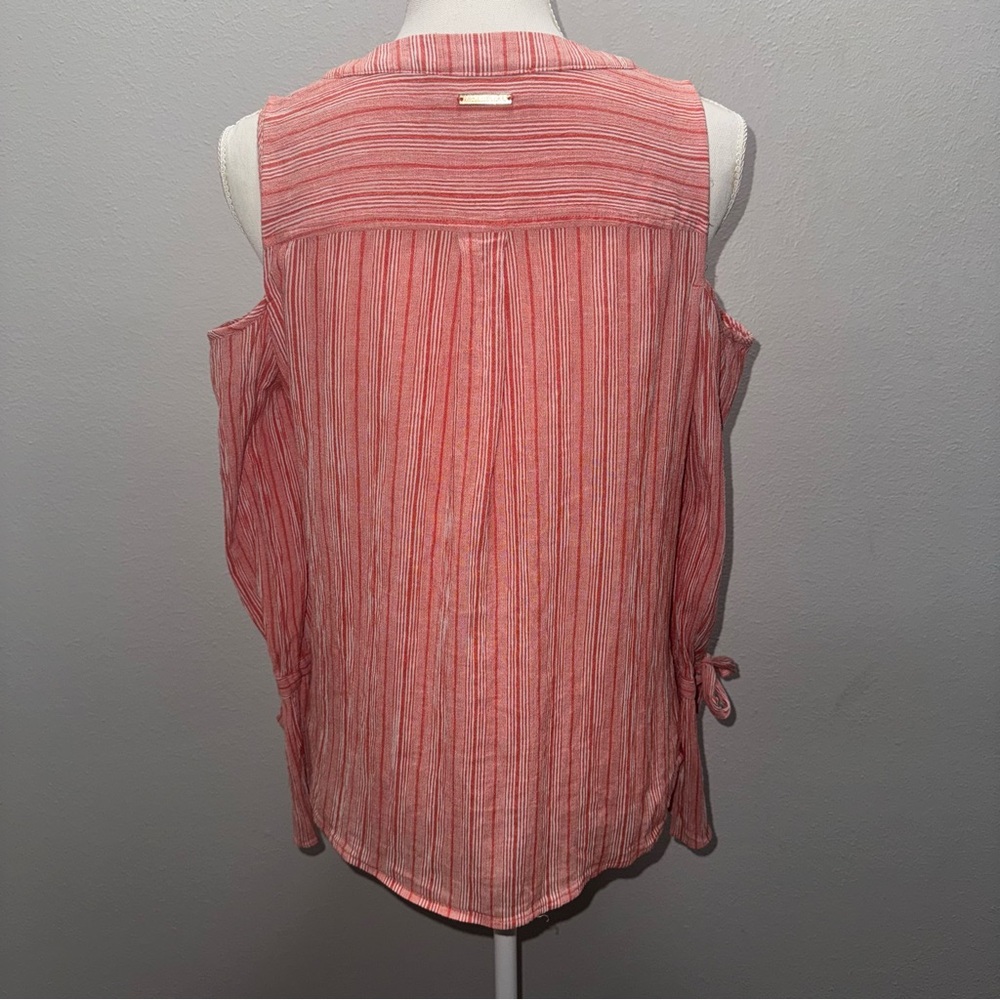 Michael Kors‎ Button Blouse Womens Med Orange White Stripped Cold Shoulder Shirt - Picture 3 of 13